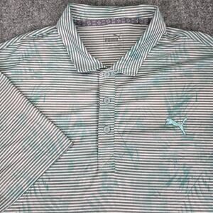 Puma Shirt Mens XXL Green Stripe Tropical Palm Polo Golf Performance Carlsbad